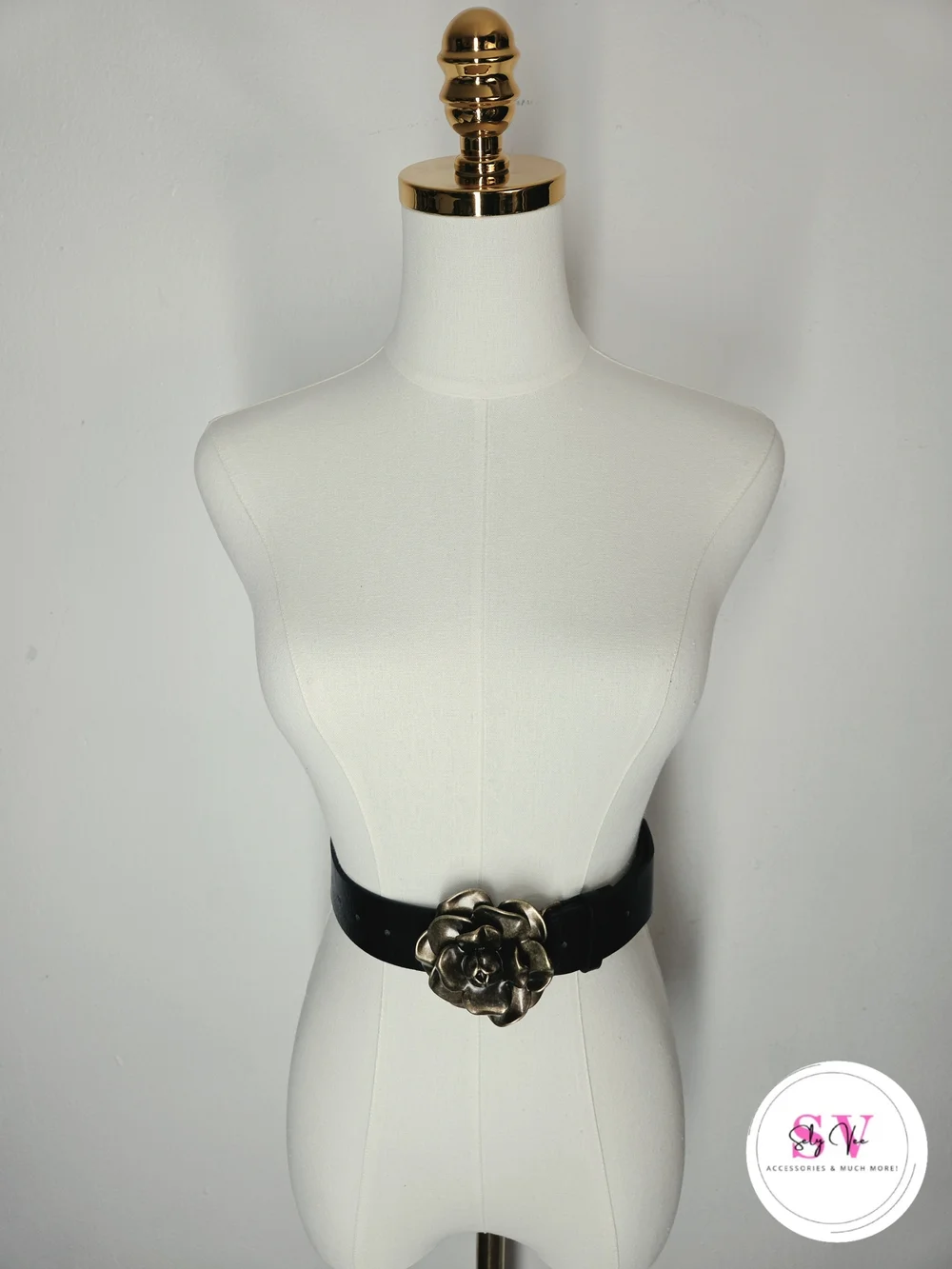 Black Belt with Gold Flower Buckle